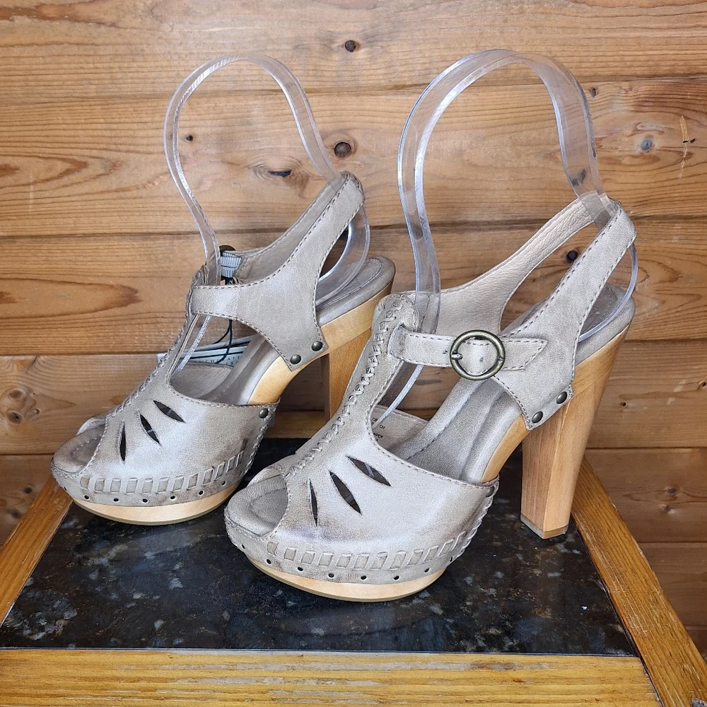 ❤️ FRYE Fran X Stich Platform Heels Brown Leather Wood Sandals Size 6.5 M